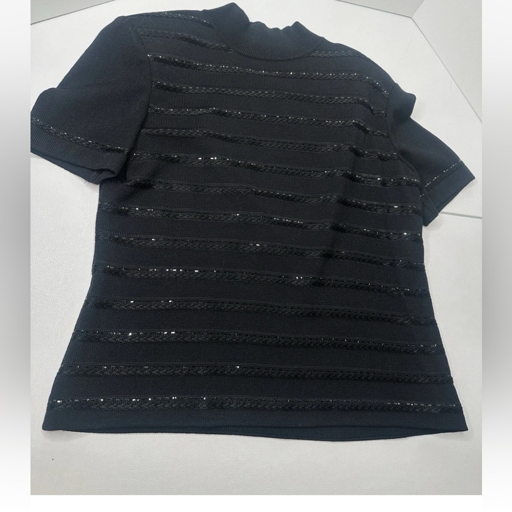 St. John Evening Santana Black Short Sleeve Knit Mock Turtleneck Rhinestones - Picture 4 of 6